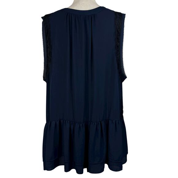 Lane Bryant SZ 28 Tunic Top Sleeveless Ruffled Lace Accent Keyhole V-Neck Navy - Picture 6 of 10